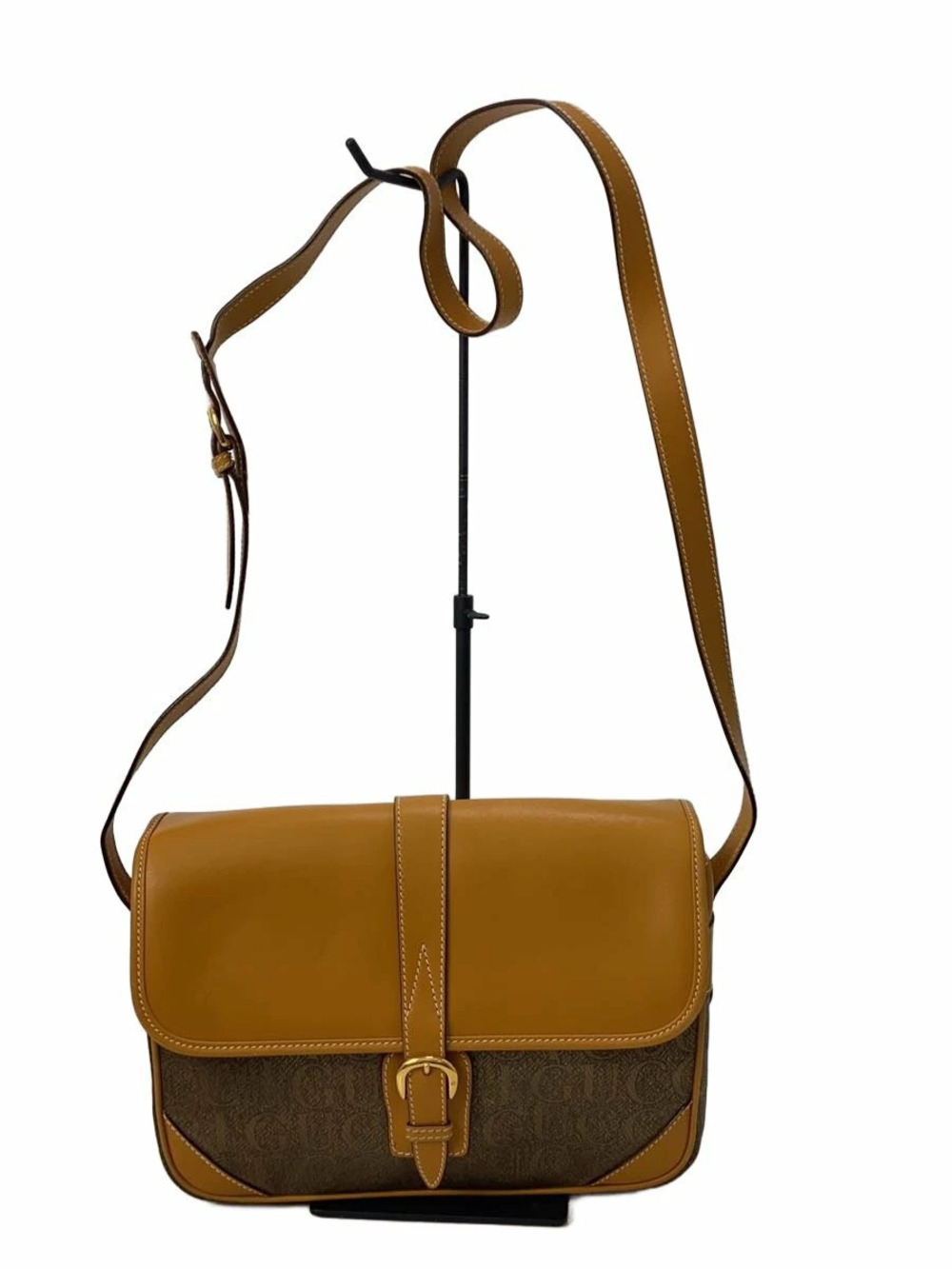 Gucci shoulder bag brown logo canvas tan leather buckled flap